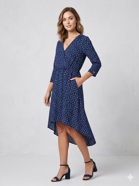 Navy Polka Dot Wrap High-Low Dress